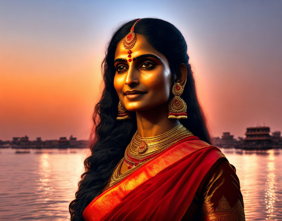 Traditional Indian Attire Woman with Gold Jewelry Near Water at Sunset