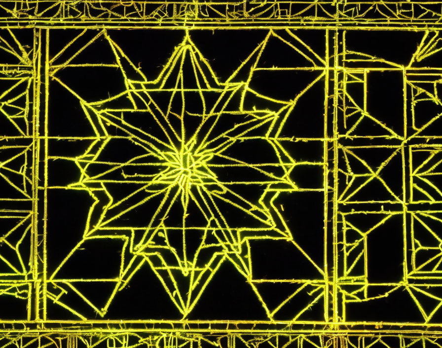 Vibrant Yellow Neon Light Display with Geometric Patterns and Star Shape