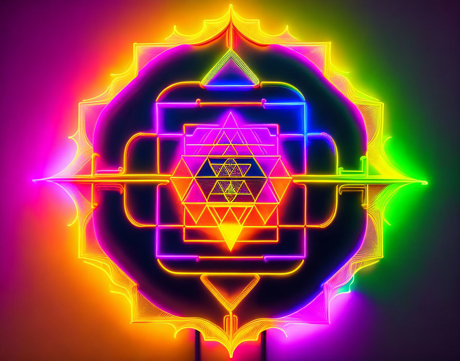 Colorful Neon Mandala with Geometric Patterns on Dark Background