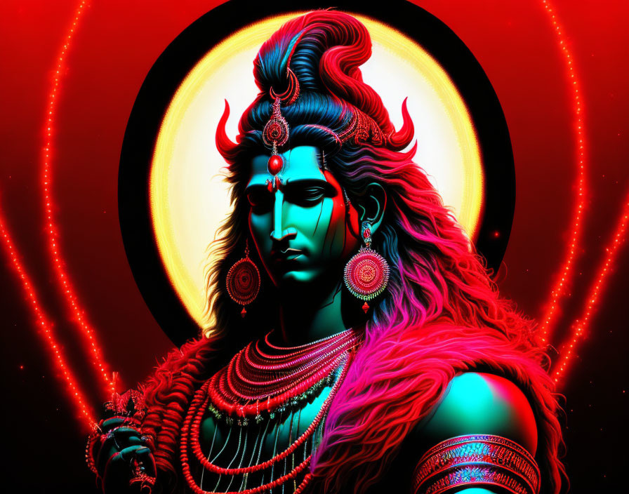 Digital artwork of deity with third eye and jewelry on halo background