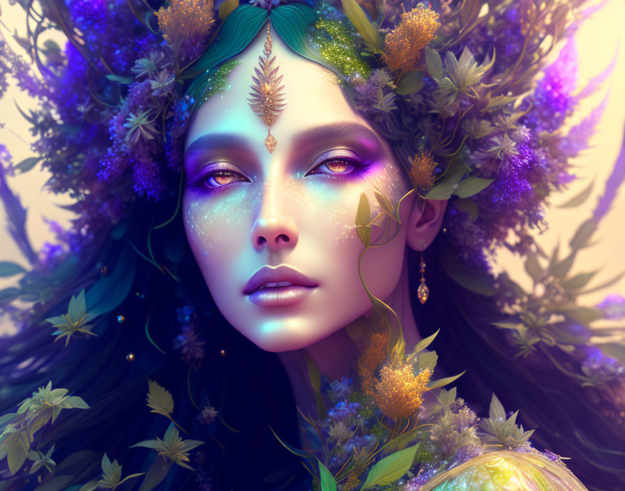 Vibrant floral crown adorns mystical woman in purple hues