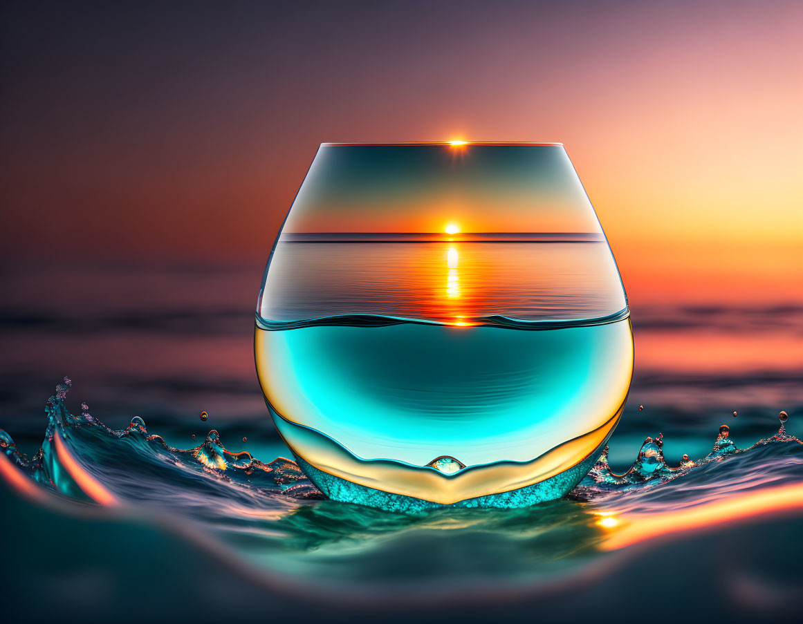 Clear Glass Half-Filled with Water Against Sunset Backdrop