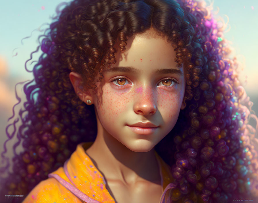 Young girl with curly hair and freckles in yellow hoodie on sunlit backdrop