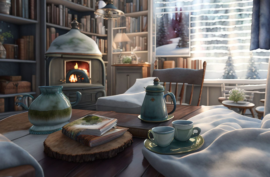 Warm Fireplace Scene with Teapot, Books, and Snowy View