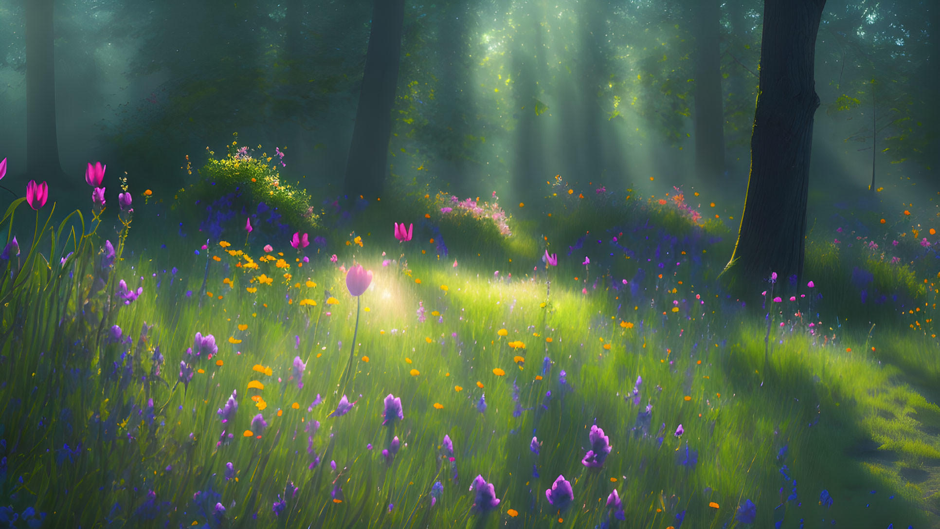 Sunlit Forest Glade with Wildflowers and Meadow