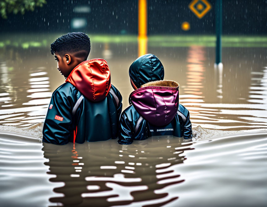 Two people in rain jackets navigating flooded street with caution sign.