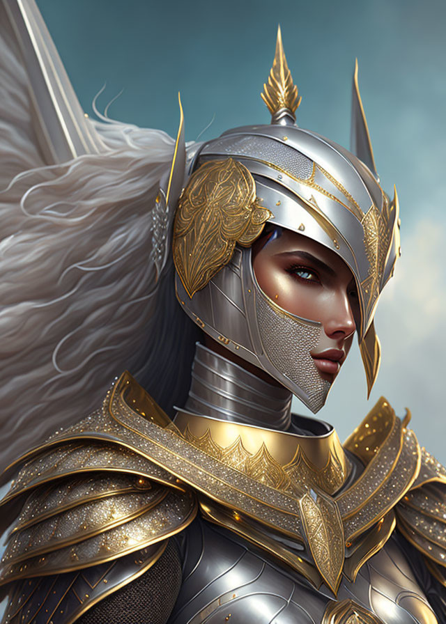 Female warrior digital artwork: golden armor, helmet, intricate engravings, white angelic wings,