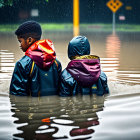 Two people in rain jackets navigating flooded street with caution sign.