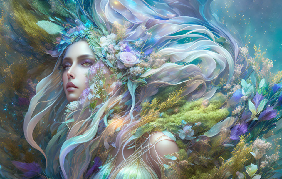 Fantasy artwork: Woman with flowing hair in floral setting