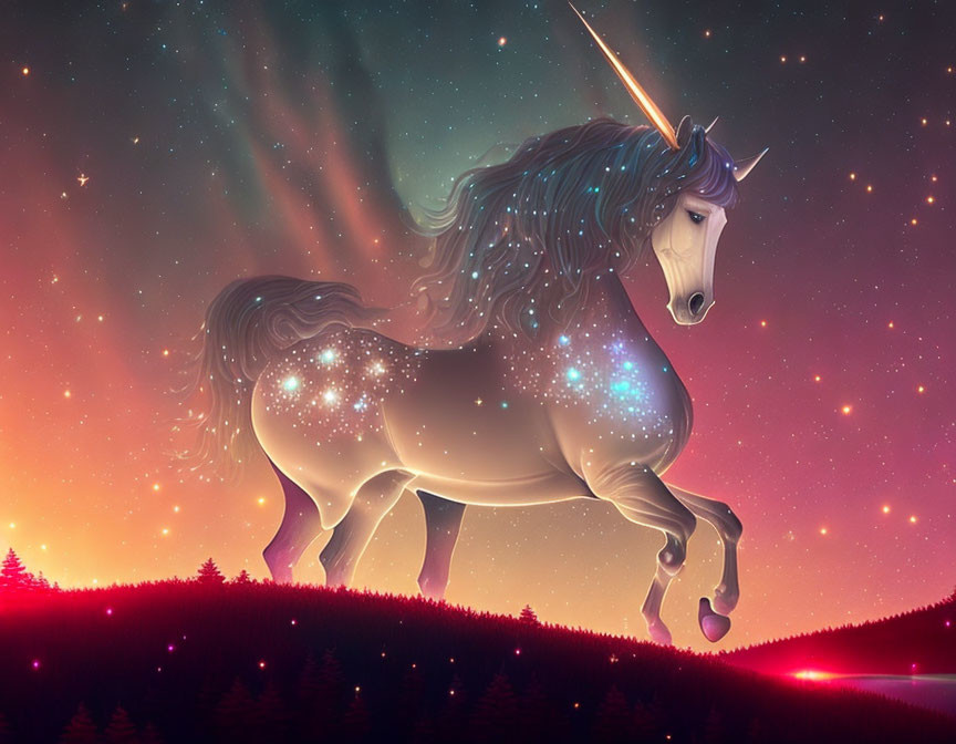 Cosmic-patterned unicorn under starry night sky