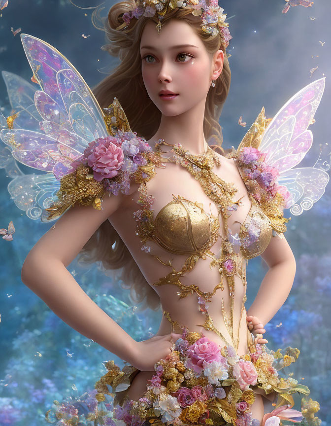 Fantasy illustration of fairy with translucent wings in floral attire surrounded by butterflies