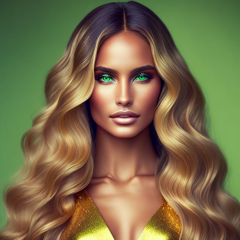 Blonde woman with green eyes in gold top on green background