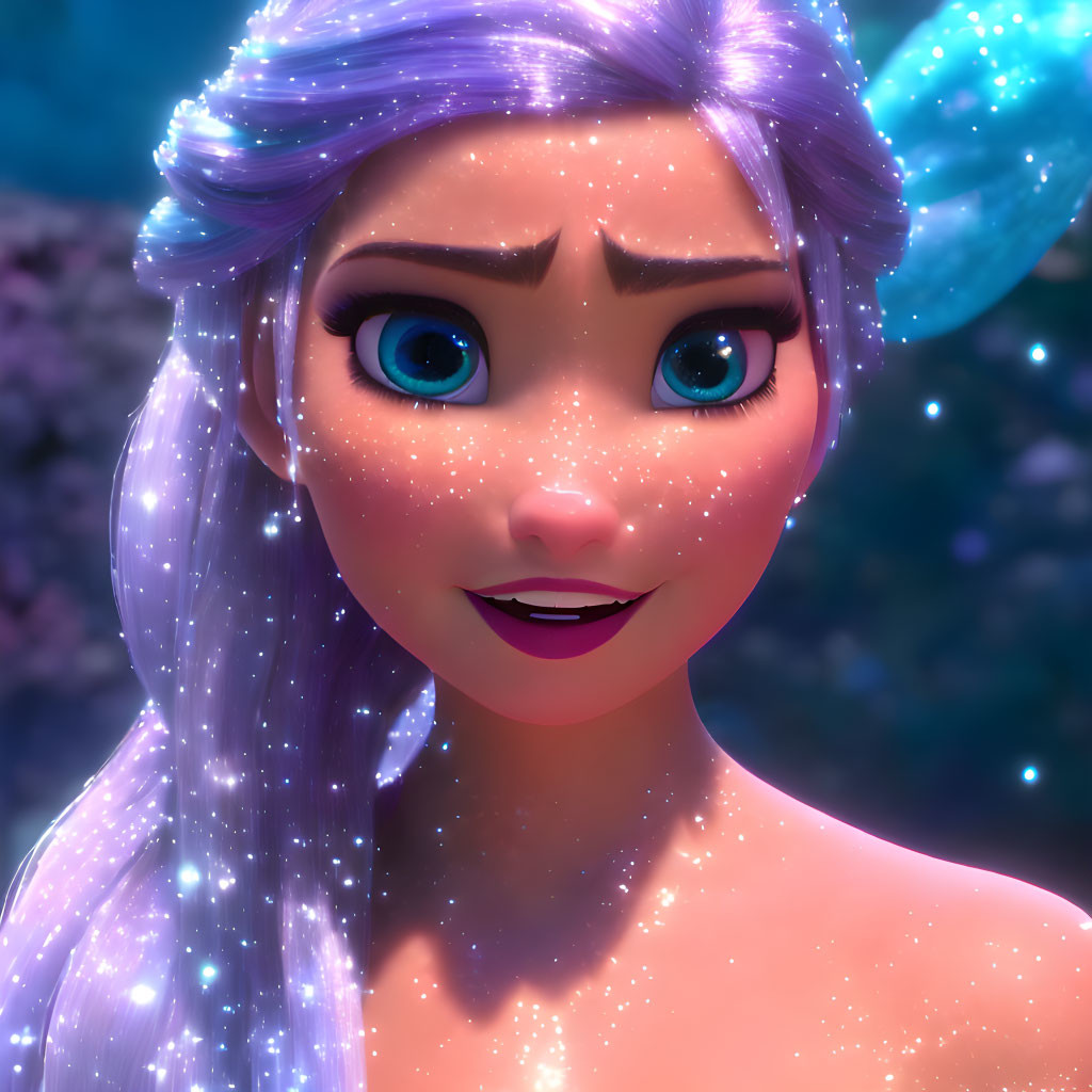 Animated female character with light purple hair and blue eyes on magical blue backdrop