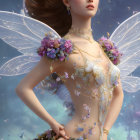 Fantasy illustration of fairy with translucent wings in floral attire surrounded by butterflies