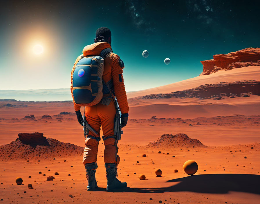 Astronaut in spacesuit on red Martian surface with sunset and distant moons