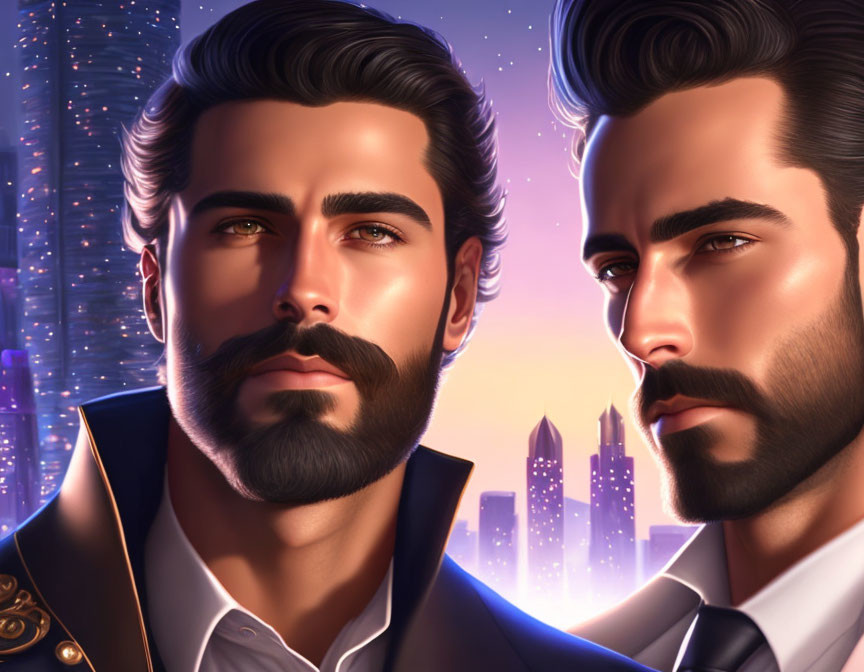 Bearded man illustration with mirror image in city skyline at night