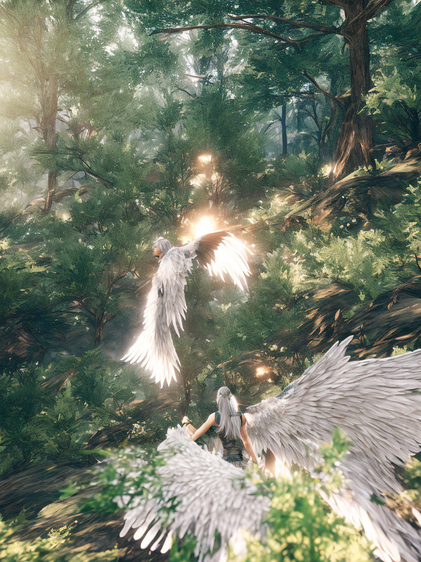 Person with White Angelic Wings in Sunlit Forest Surrounded by Lush Greenery