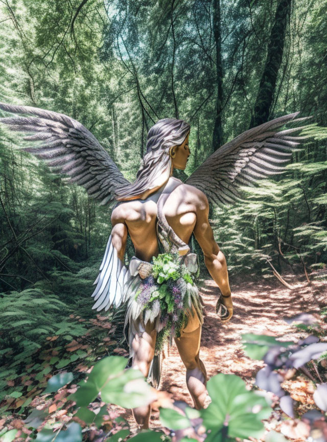 Person with Large Feathery Wings in Sunlit Forest Holding Flowers