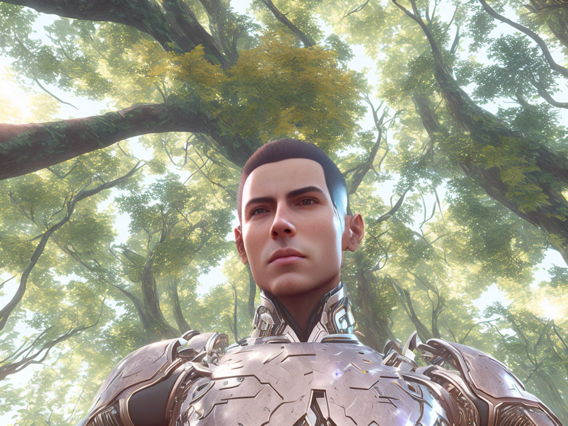 Digital artwork of person in futuristic armor in sunlit forest