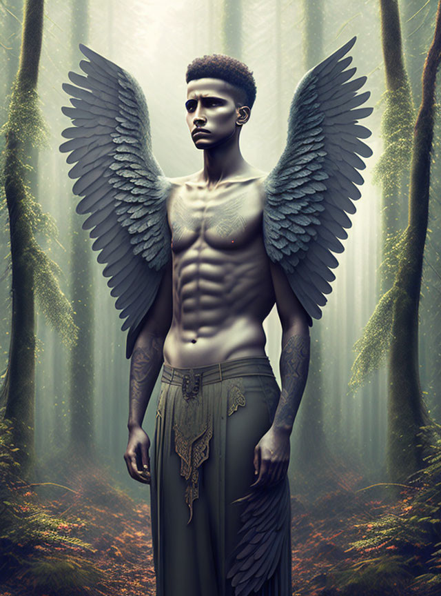 Mystical forest scene with man and detailed wings