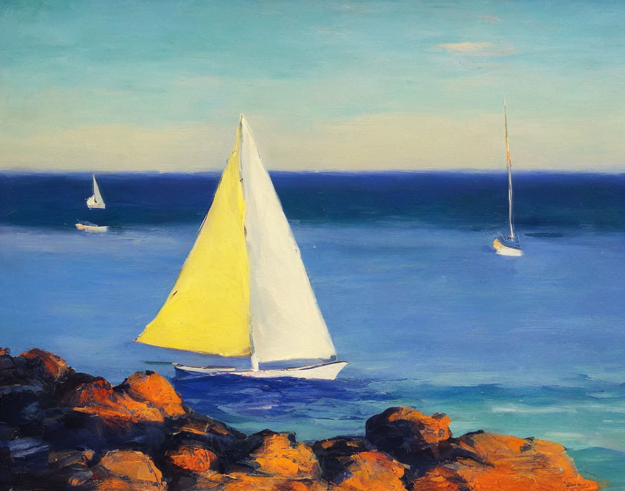 Colorful Sailboat Painting on Blue Sea with Rocky Shore & Clear Sky