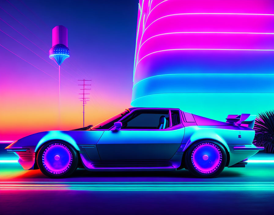 Retro-futuristic sports car with neon underglow parked by neon-lit building at twilight