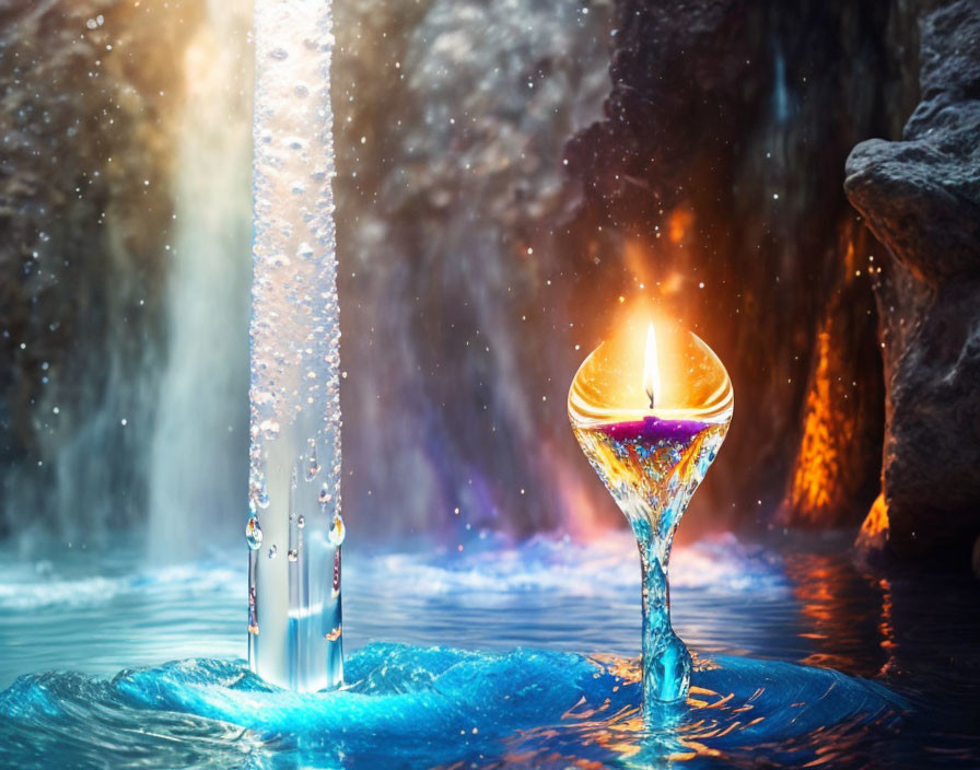 Candle in glass with melting wax, waterfalls and rocks backdrop