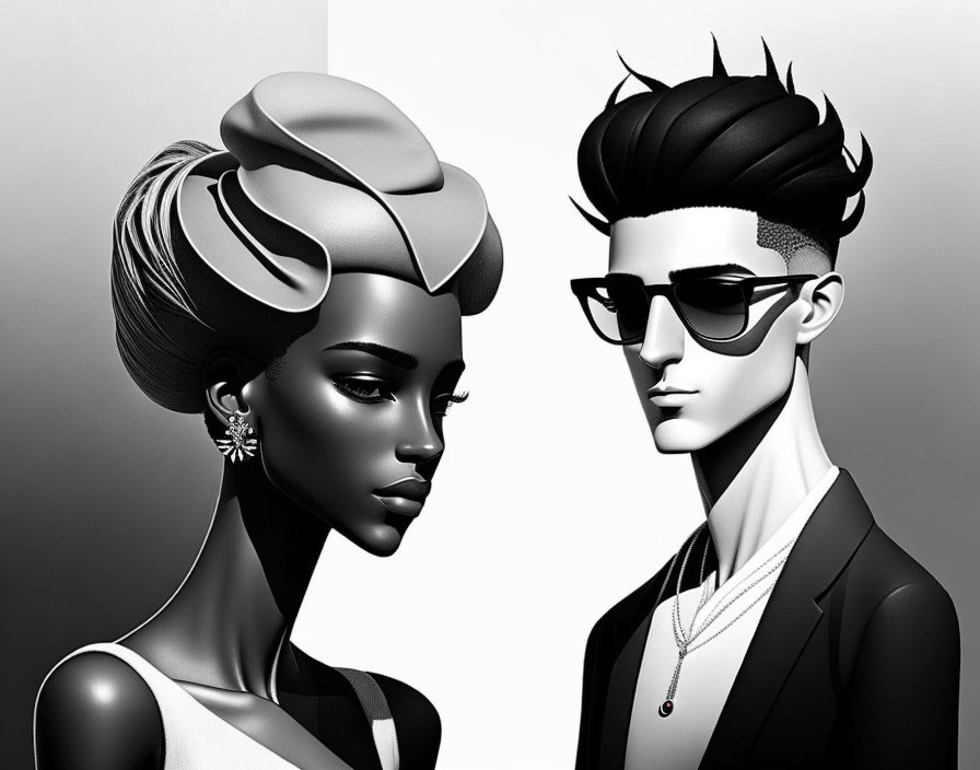 Monochrome illustration of elegant woman and man in suit.