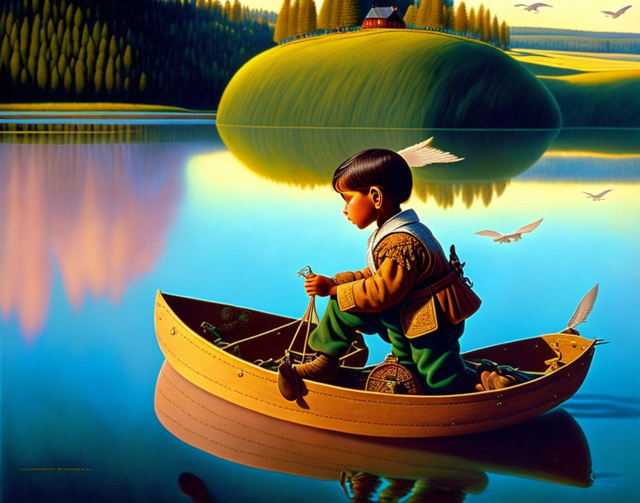 Young boy fishing from canoe on serene lake with oversized fish in surreal setting