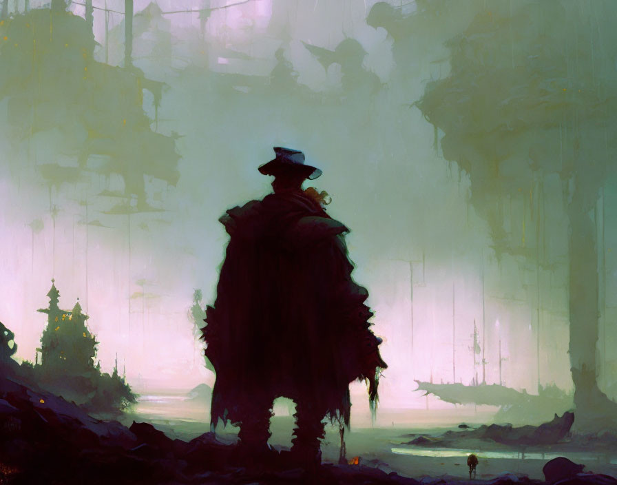 Cloaked figure in misty landscape with towering structures.