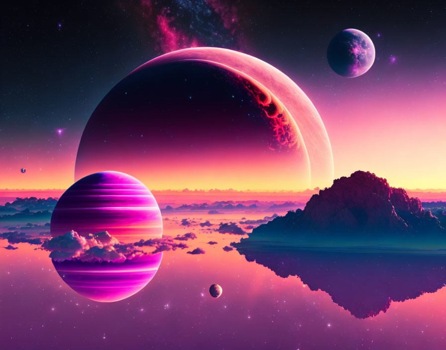 Vibrant sci-fi landscape: Multiple planets, purple sky, reflective water