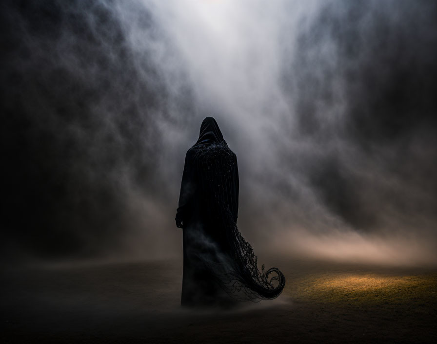 Cloaked figure in swirling fog with backlit glow