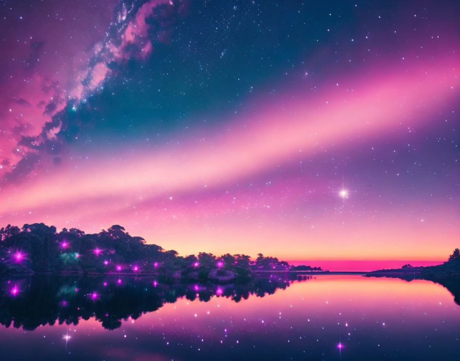 Scenic pink and purple twilight sky over calm lake