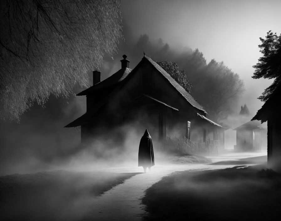 Cloaked Figure on Misty Path by Wooden House with Smoke - Mysterious and Eerie Atmosphere