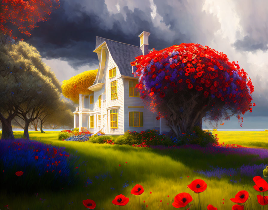 Charming house with white picket fence, vibrant flowers, and stormy sky