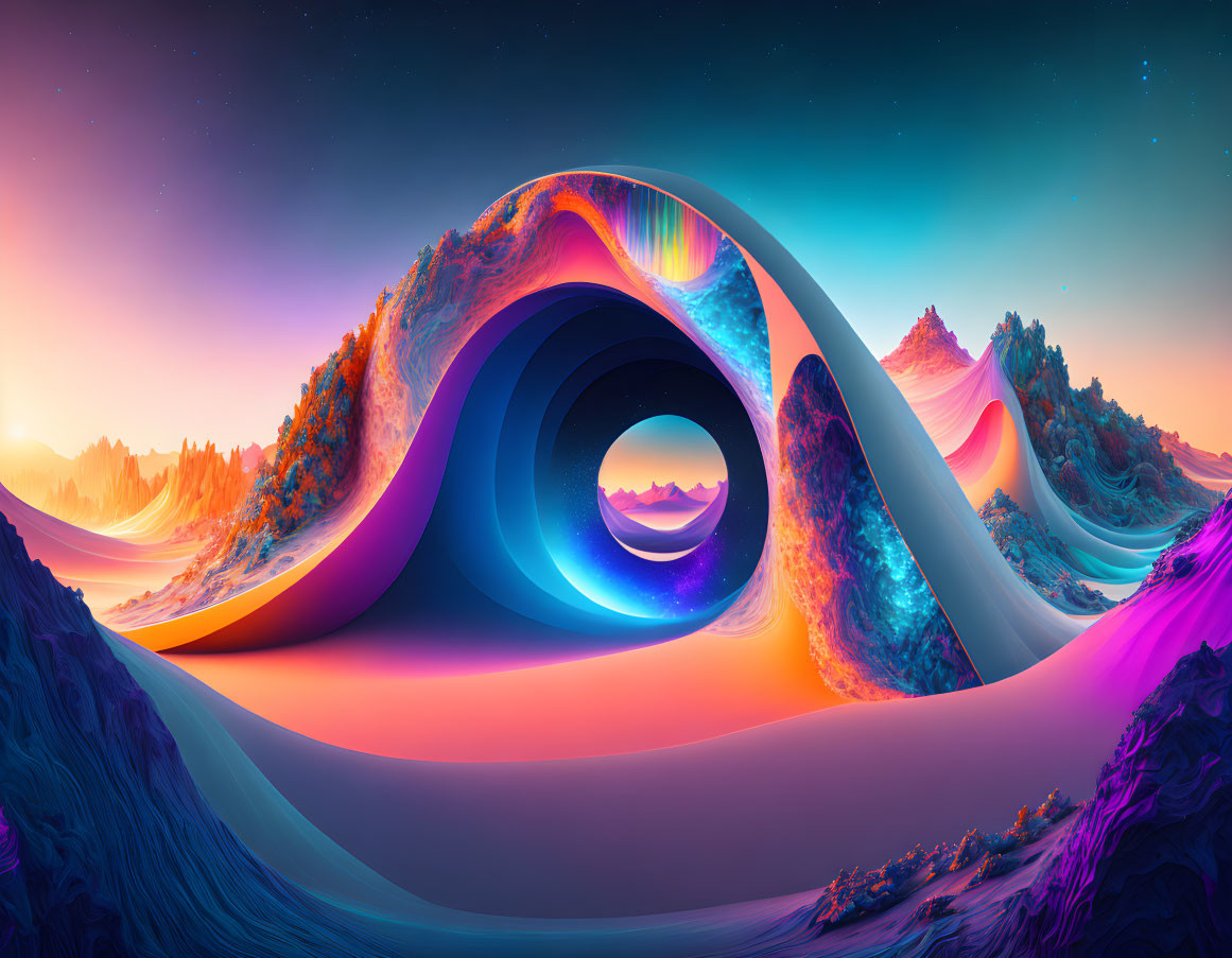 Surreal landscape digital art with fluid shapes and cosmic backdrop