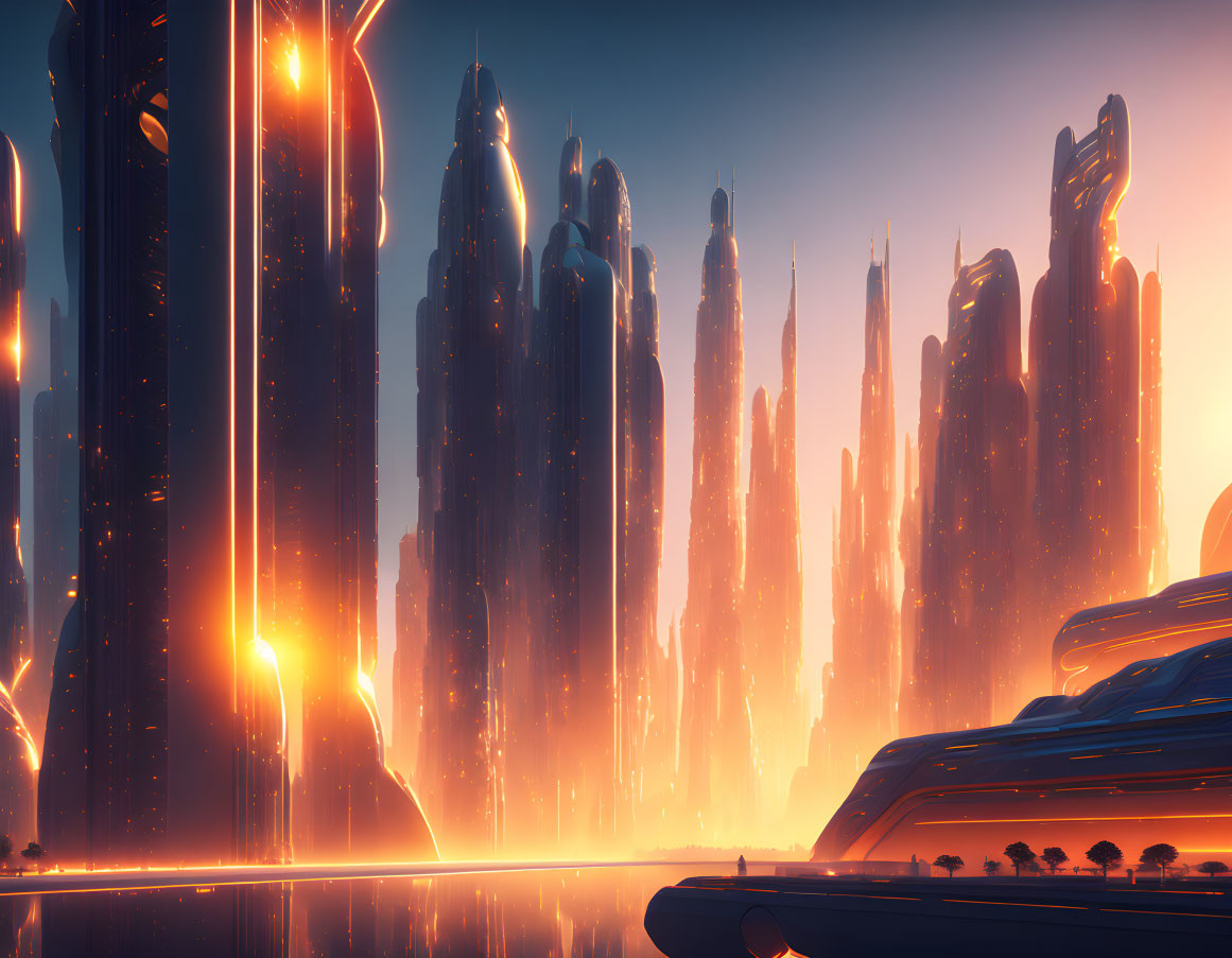 Futuristic cityscape at sunset with skyscrapers and transportation systems