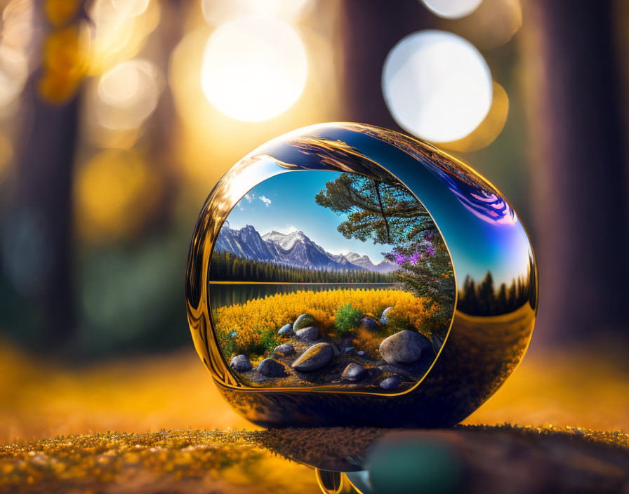 Spherical object reflects vibrant mountain landscape