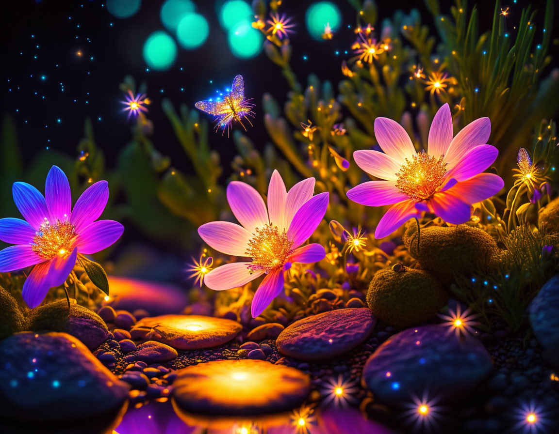 Night Sky with Pink Flowers and Illuminated Stones in Greenery