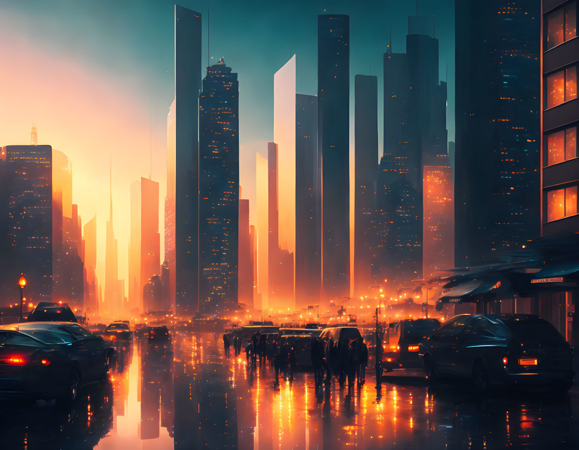 Futuristic cityscape with towering skyscrapers and busy traffic at dusk