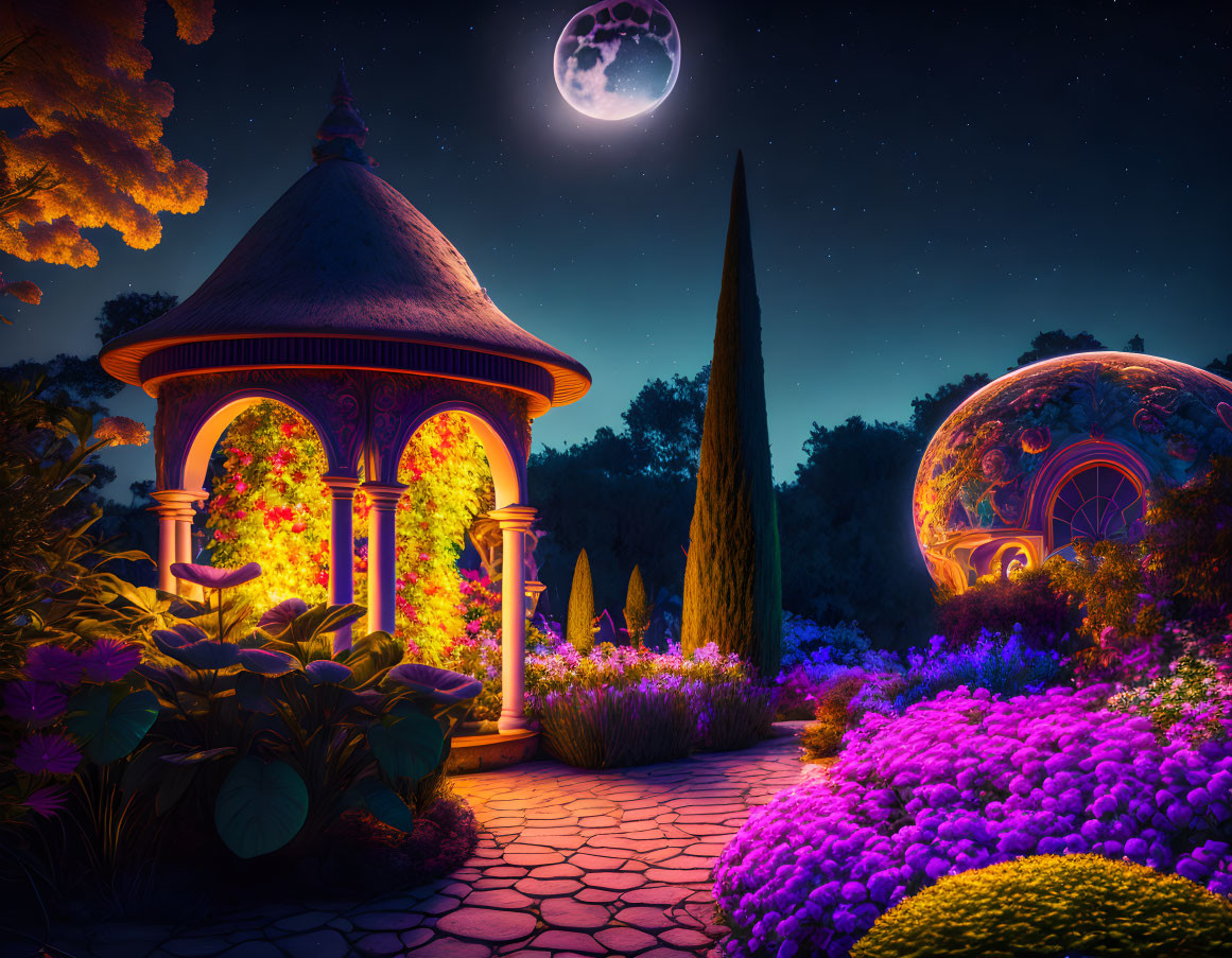 Starry Night Garden with Full Moon and Illuminated Gazebo