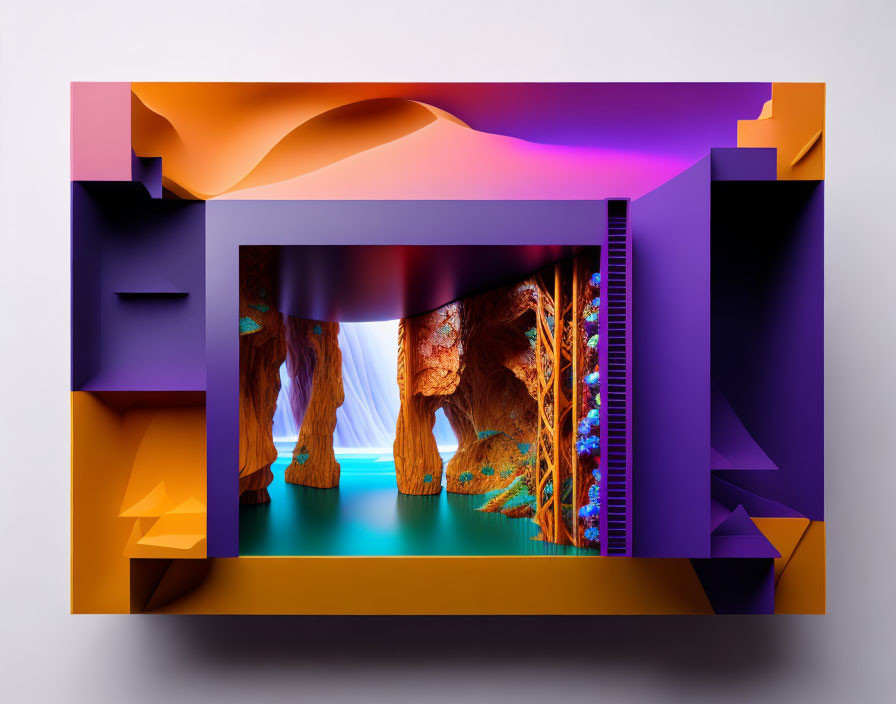 Layered geometric shapes in purple and orange tones frame surreal landscape