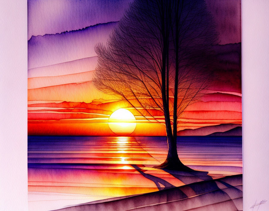 Colorful sunset reflected on serene water with lone tree silhouette in watercolor