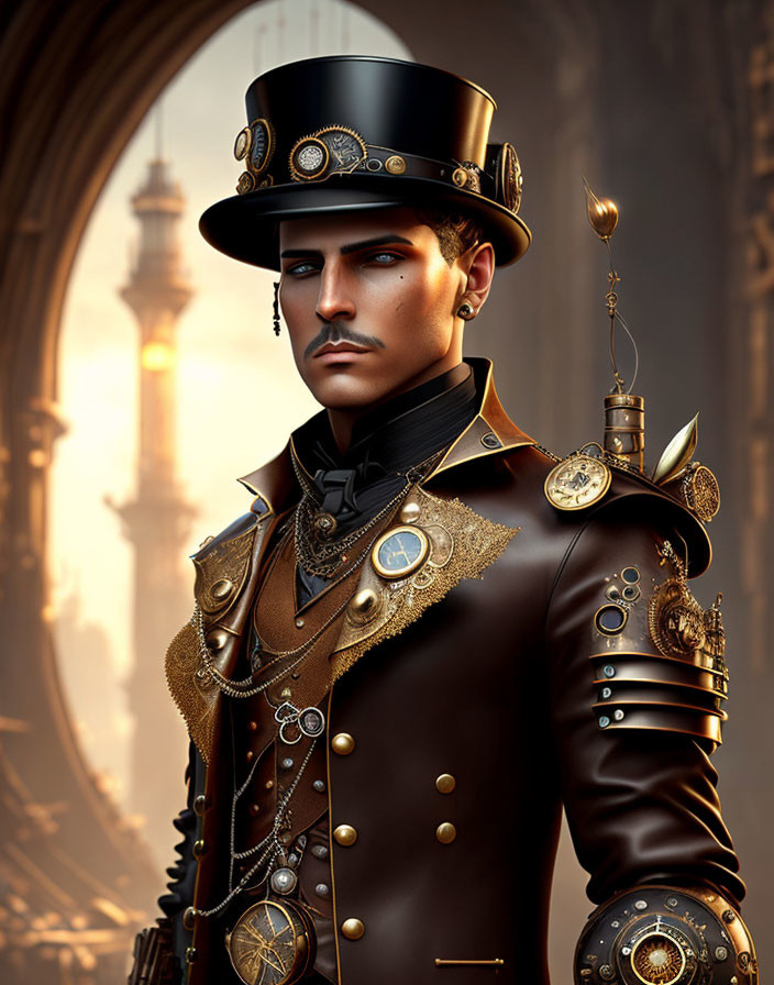 Steampunk-themed man in ornate outfit against architectural backdrop