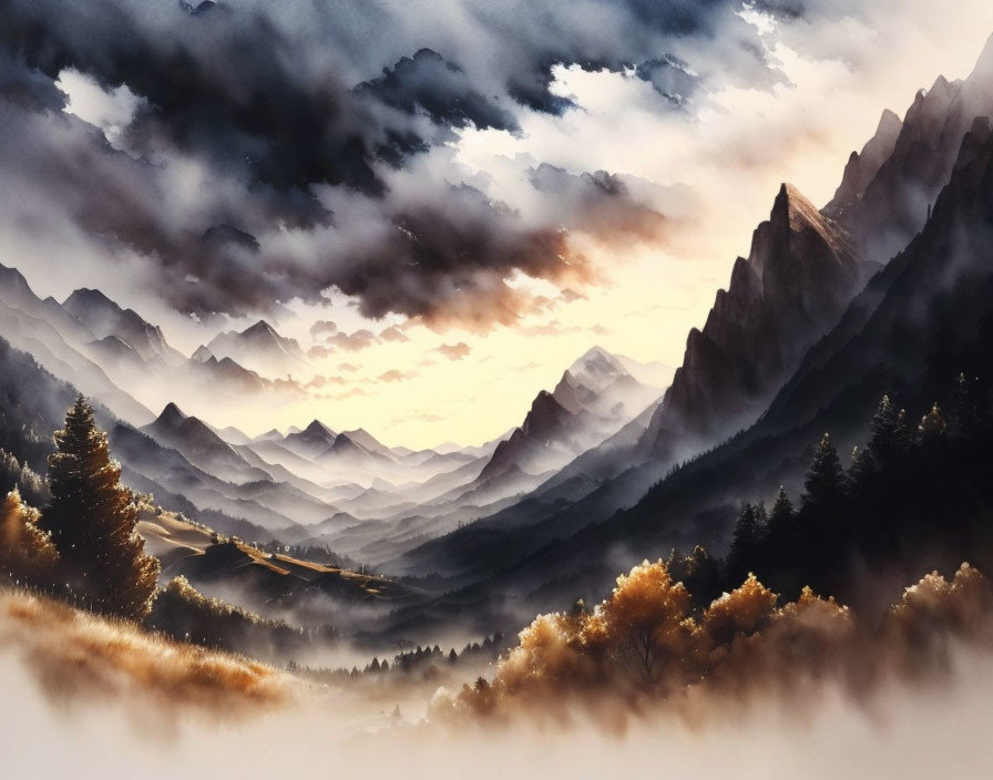 Misty mountain landscape with golden trees under dramatic sky