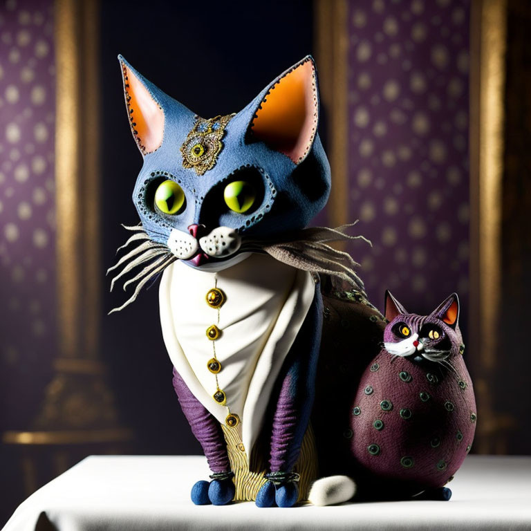 Blue anthropomorphic cat figurine with large eyes and tiny purple companion