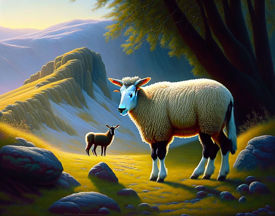 Fantastical oversized sheep in sunlit landscape