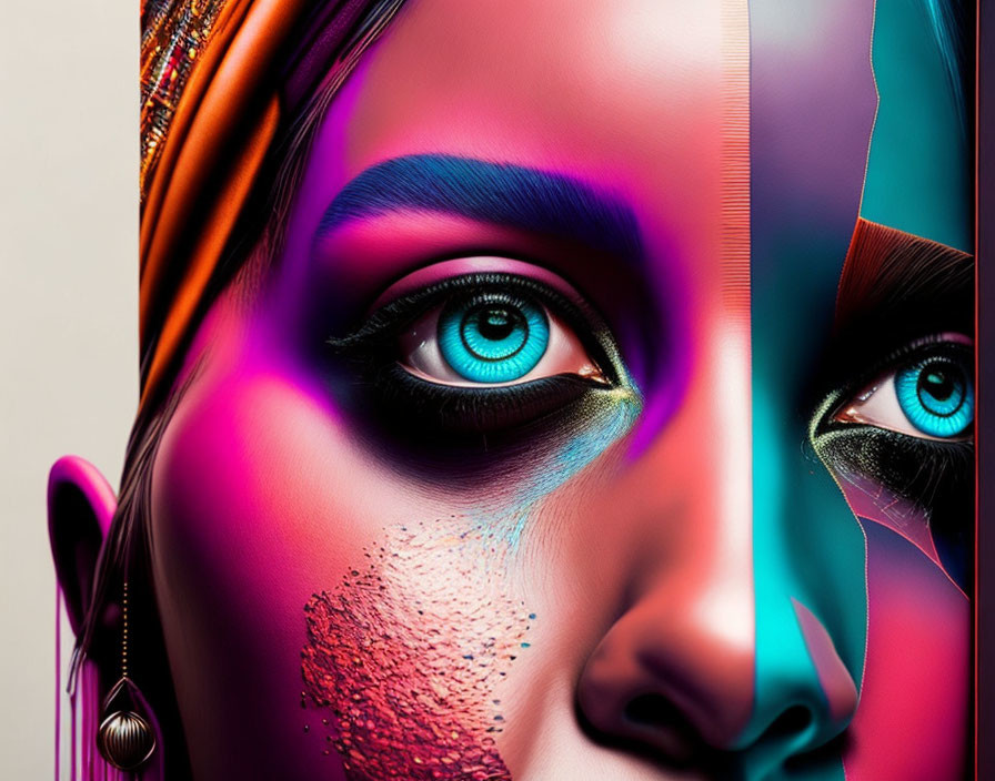 Colorful digital artwork: Woman's face with intense blue eyes & abstract makeup.