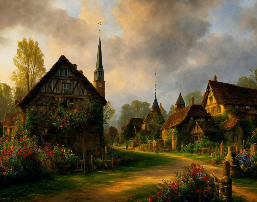 Village scene at dusk: pathway to church spire, cottages, gardens, cloudy sky