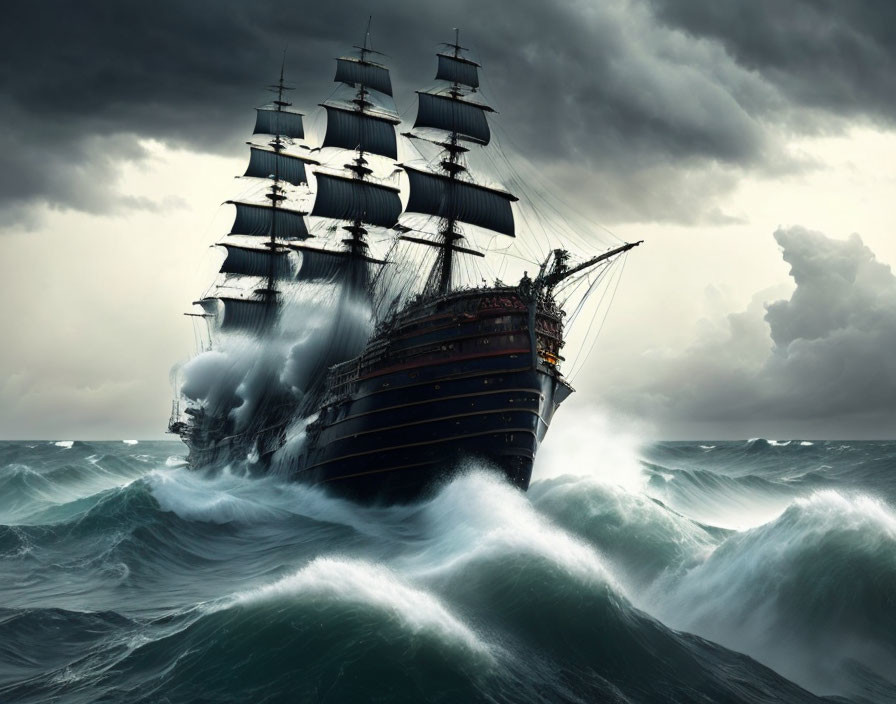 Vintage sailing ship navigating stormy seas with full sails